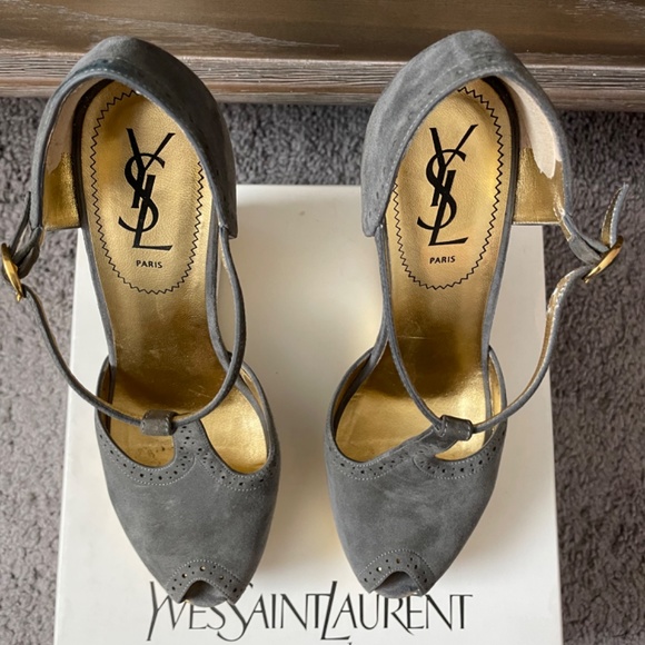 VINTAGE YSL Size 7.5 Grey suede gold/silver wedge with T/strap - Picture 2 of 12